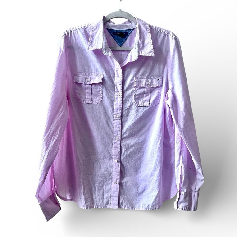 Tommy Hilfiger Lightweight Button Down Shirt Sz XL Light Pink Roll Tab Sleeves